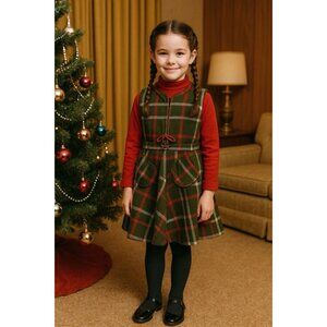 Vintage 1960s Girls Pinafore Dress Sz 6 7 Green Plaid Wool Jumper Christmas